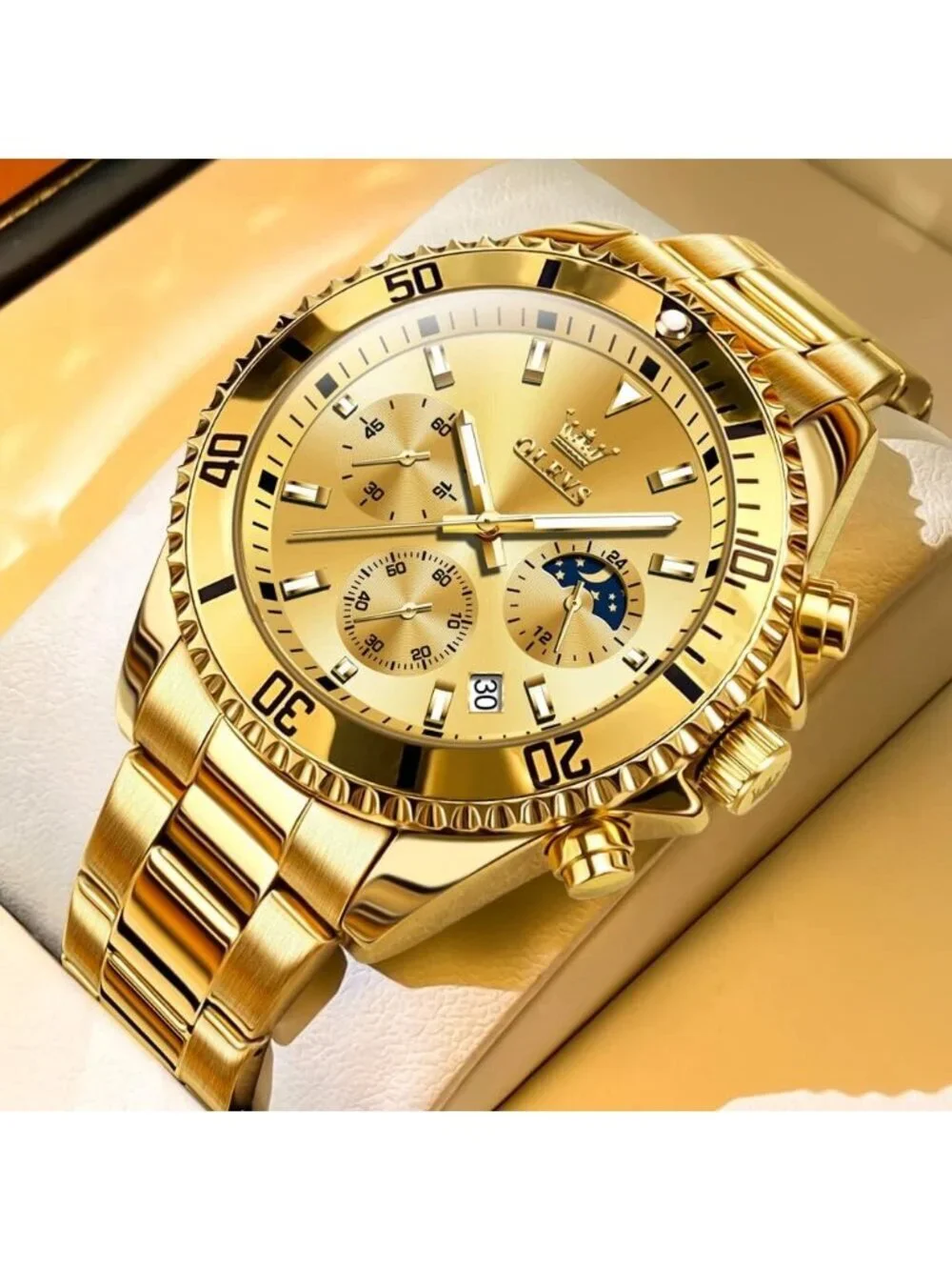 Men's All Gold Premium Solid Stainless Analog Rotatable Bezel Date Steel Watch